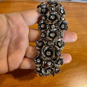 Statement Floral Rhinestone Cuff Bracelet – Gunmetal Tone Wide Bracelet